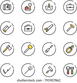 line vector icon set - suitcase vector, baggage scales, basket, portfolio, case, saw, hammer, axe, rubber, chisel, side cutters, scythe, farm fork, paint roller, shovel toy