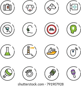 line vector icon set - suitcase vector, dog, first aid room, no alcohol sign, pound, bike road, head bulb, flask, lighthouse, cruiser, mouse wireless, beanbag