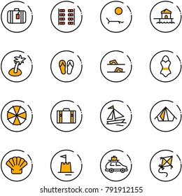 line vector icon set - suitcase vector, plane seats, lounger, bungalow, palm, flip flops, swimsuit, parasol, sail boat, tent, shell, sand castle, car baggage, kite