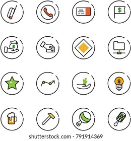 line vector icon set - suitcase vector, phone, ticket, dollar flag, investment, card pay, main road sign, network folder, star, chart point arrow, hand sproute, business idea, beer, hammer, beanbag