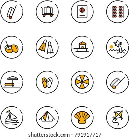 line vector icon set - suitcase vector, baggage, passport, plane seats, coconut cocktail, flippers, bungalow, palm, inflatable pool, flip flops, parasol, sail boat, tent, shell, kite