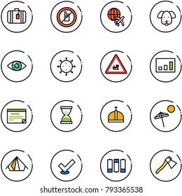 line vector icon set - suitcase vector, no mobile sign, plane globe, dog, eye, virus, railway intersection road, statistics, schedule, sand clock, crown, beach, tent, check, battery, axe