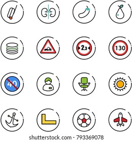 line vector icon set - suitcase vector, kidneys, eggplant, pear, coin, car crash road sign, limited width, speed limit 130, end minimal, manager, office chair, sun, anchor, corner ruler, soccer ball