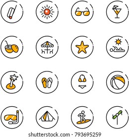 line vector icon set - suitcase vector, sun, sunglasses, drink, coconut cocktail, outdoor cafe, starfish, reading, palm, flip flops, swimsuit, ball, diving, tent, surfing, toy windmill