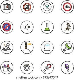 line vector icon set - suitcase vector, no computer sign, alcohol, bike road, parking even, low volume, flask, golden branch, mountains, lighthouse, micro flash card, beanbag, shovel bucket