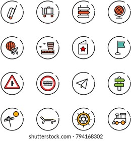 line vector icon set - suitcase vector, baggage, sign post, globe, plane, airport building, star postcard, flag, intersection road, customs, paper fly, signpost, beach, lounger, hand wheel