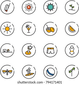 line vector icon set - suitcase vector, sun, sproute, drink, coconut cocktail, watermelone, swimming, palm, swimsuit, dragonfly, surfing, ball, toy windmill