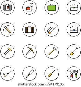 line vector icon set - suitcase vector, baggage scales, case, portfolio, rock axe, hammer, mason, shovel, scythe, rasp, awl, fork toy