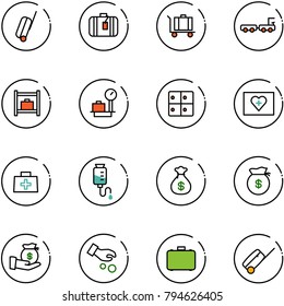 line vector icon set - suitcase vector, baggage, truck, room, scales, first aid kit, doctor bag, drop counter, money, investment, case