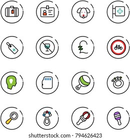 line vector icon set - suitcase vector, identity, dog, first aid room, medical label, no alcohol sign, pound, bike road, head bulb, micro flash card, beanbag