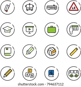 line vector icon set - suitcase vector, airport bus, children road sign, graduate hat, presentation board, case, book, highlight marker, volleyball, ruler, pencil, abc cube, toy