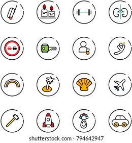 line vector icon set - suitcase vector, candle, barbell, kidneys, no overtake road sign, key, winner, flying man, rainbow, palm, shell, plane, sledgehammer, rocket, beanbag, car