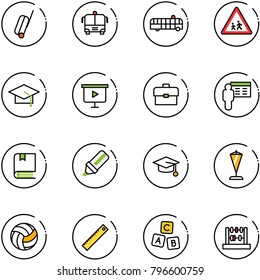 line vector icon set - suitcase vector, airport bus, children road sign, graduate hat, presentation board, portfolio, book, highlight marker, pennant, volleyball, ruler, abc cube, abacus