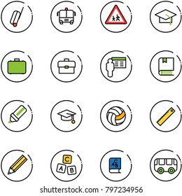 line vector icon set - suitcase vector, airport bus, children road sign, graduate hat, case, portfolio, presentation, book, highlight marker, volleyball, ruler, pencil, abc cube, toy