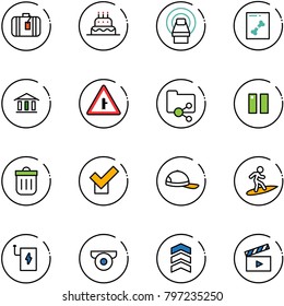 line vector icon set - suitcase vector, cake, mri, x ray, bank, intersection road sign, shared folder, pause, trash bin, check, cap, surfing, power, surveillance camera, chevron, movie flap