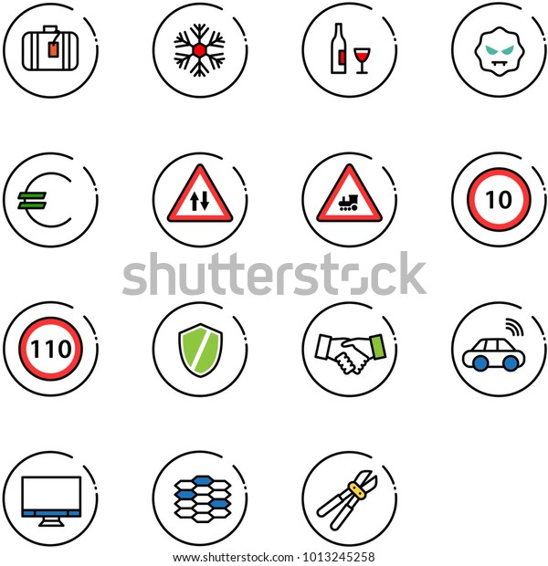 line vector icon set - suitcase vector, snowflake,
wine, virus, euro, oncoming traffic road sign, railway
intersection, speed limit 10, 110, shield, agreement, car wireless,
monitor, carbon