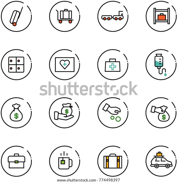 line vector icon set - suitcase\
vector, baggage, truck, room, first aid kit, doctor bag, drop\
counter, money, investment, encashment, portfolio, green tea,\
car