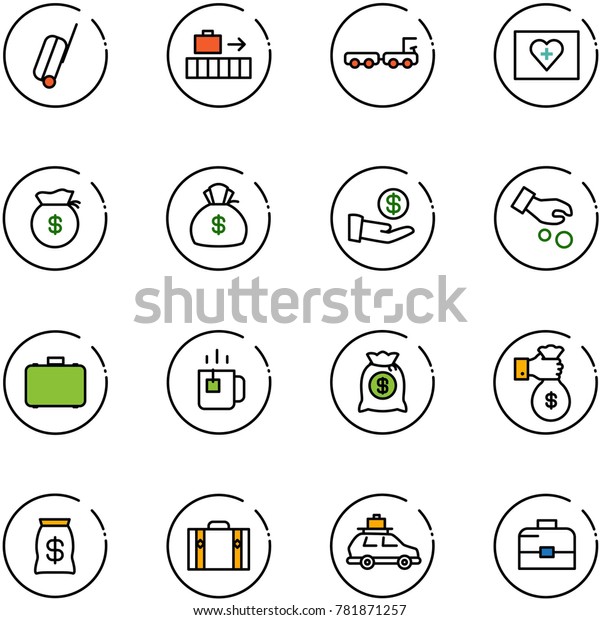 line\
vector icon set - suitcase vector, baggage, truck, first aid kit,\
money bag, investment, case, green tea, rich,\
car
