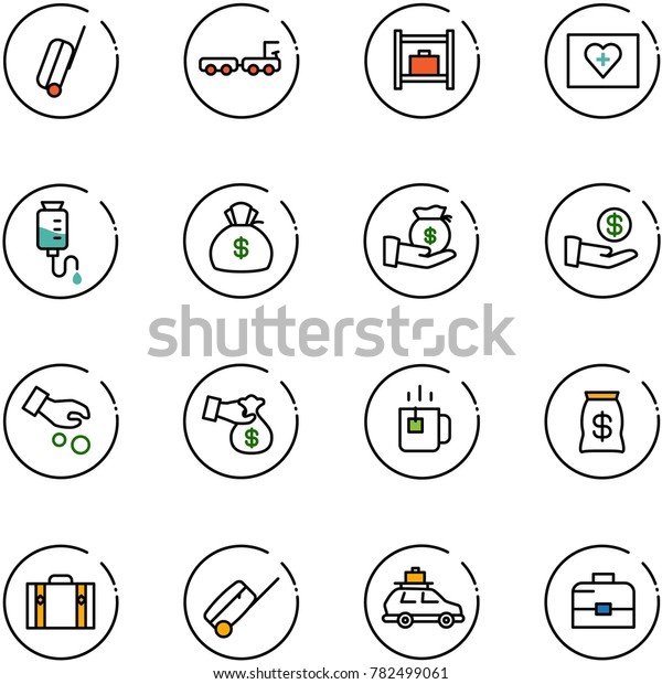 line vector icon set - suitcase vector, baggage\
truck, room, first aid kit, drop counter, money bag, investment,\
encashment, green tea, car,\
case