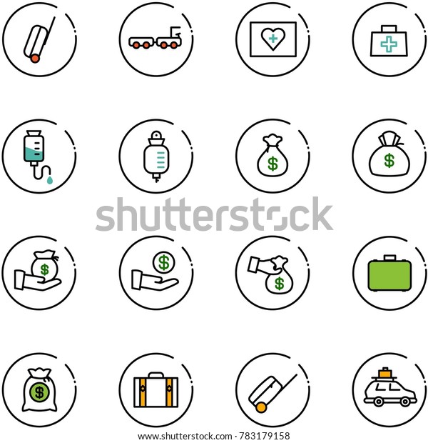 line vector icon set - suitcase vector, baggage\
truck, first aid kit, doctor bag, drop counter, money, investment,\
encashment, case, car