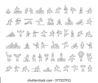 Line vector icon set summer and winter popular sports on a white background.