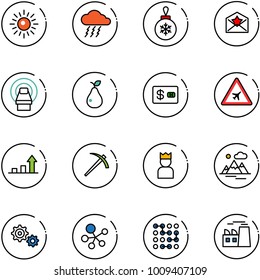 line vector icon set - sun vector, storm, christmas ball, star letter, mri, pear, credit card, airport road sign, growth arrow, job, king, mountains, gear, molecule, circuit, plant