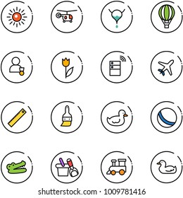 line vector icon set - sun vector, helicopter, bladder, air balloon, winner, tulip, server wireless, plane, ruler, brush, duck toy, ball, crocodile, shovel bucket, train