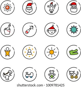 line vector icon set - sun vector, santa claus, champagne, christmas elf, success, star man, crocodile, dinosaur toy, baby car, bear, cat