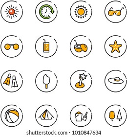 line vector icon set - sun vector, clock around, sunglasses, drink, coconut cocktail, starfish, flippers, ice cream, palm, woman hat, ball, tent, bucket scoop, forest