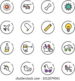 line vector icon set - sun vector, helicopter, broken bone, plane, fretsaw, ruler, bulb, brush, laser lever, shovel bucket, elephant wheel, toy unicorn stick, duck, Tic tac toe