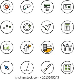 line vector icon set - sun vector, liver, tap pay, credit card, settings, reload, paper plane, calculator, presentation chart, win, hotel, robot, cursor, rake, rasp, cube hole toy
