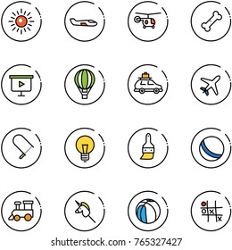 line vector icon set - sun vector, small plane, helicopter, broken bone, presentation board, air balloon, car baggage, fretsaw, bulb, brush, ball, toy train, unicorn stick, basketball, Tic tac toe