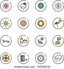 line vector icon set - sun vector, snowfall, dollar, beach, lounger, uv cream, palm, parasol, panel, power, snow