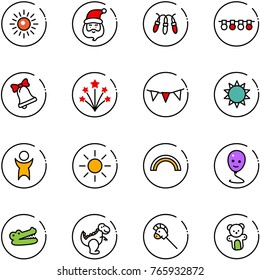 line vector icon set - sun vector, santa claus, garland, bell, firework, flag, success, rainbow, balloon smile, crocodile, dinosaur toy, horse stick, bear