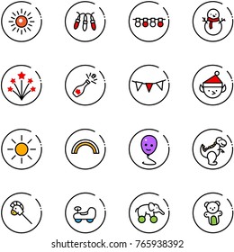 line vector icon set - sun vector, garland, snowman, firework, champagne, flag, christmas elf, rainbow, balloon smile, dinosaur toy, horse stick, baby car, elephant wheel, bear