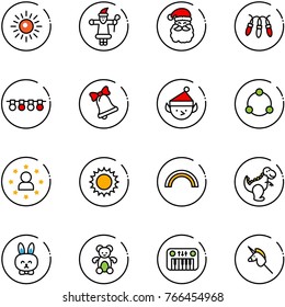 line vector icon set - sun vector, santa claus, garland, bell, christmas elf, community, star man, rainbow, dinosaur toy, rabbit, bear, piano, unicorn stick