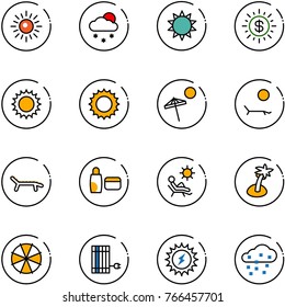 line vector icon set - sun vector, snowfall, dollar, beach, lounger, uv cream, palm, parasol, panel, power, snow