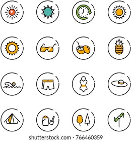 line vector icon set - sun vector, clock around, sunglasses, coconut cocktail, pineapple, swimming, swimsuit, woman hat, tent, bucket scoop, forest, toy windmill