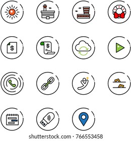 line vector icon set - sun vector, airport building, christmas wreath, account statement, history, refresh cloud, play, phone horn, link, flying man, flip flops, terms plan, usb wi fi