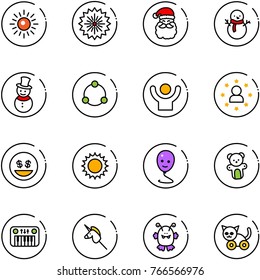 line vector icon set - sun vector, firework, santa claus, snowman, community, success, star man, money smile, balloon, bear toy, piano, unicorn stick, monster, cat