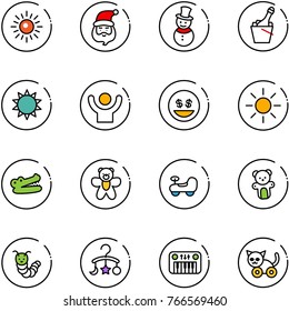 line vector icon set - sun vector, santa claus, snowman, champagne, success, money smile, crocodile, bear toy, baby car, caterpillar, carousel, piano, cat