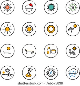 line vector icon set - sun vector, snowfall, dollar, beach, lounger, uv cream, palm, power, snow
