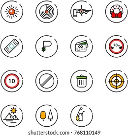 line vector icon set - sun vector, radar, boarding passengers, christmas wreath, medical patch, ruble, credit card, limited distance road sign, speed limit 10, no, trash bin, target, pyramid, forest