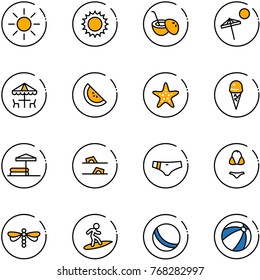 line vector icon set - sun vector, coconut cocktail, beach, outdoor cafe, watermelone, starfish, ice cream, inflatable pool, flip flops, swimsuit, dragonfly, surfing, ball