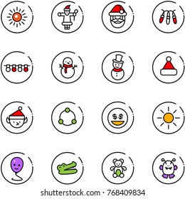 line vector icon set - sun vector, santa claus, garland, snowman, christmas hat, elf, community, money smile, balloon, crocodile, bear toy, monster