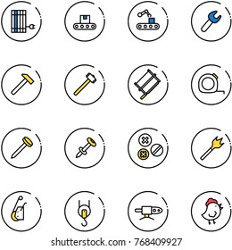 line vector icon set - sun panel vector, conveyor, wrench, hammer, sledgehammer, bucksaw, measuring tape, nail, dowel, rivet, wood drill, winch, pipe welding, chicken toy