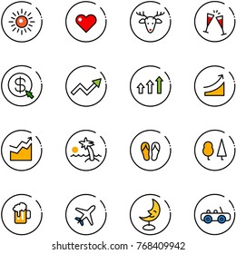 line vector icon set - sun vector, heart, christmas deer, wine glasses, money click, growth arrow, arrows up, rise, palm, flip flops, forest, beer, plane, moon lamp, toy car