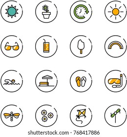 line vector icon set - sun vector, flower pot, clock around, sunglasses, drink, ice cream, rainbow, swimming, inflatable pool, flip flops, diving, dragonfly, kite, toy windmill