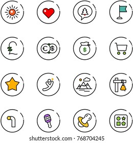 line vector icon set - sun vector, heart, merry christmas message, flag, pound, euro dollar, money bag, cart, star medal, flying man, mountains, ship bell, allen key, beanbag, soother, cube hole toy