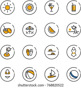 line vector icon set - sun vector, drink, coconut cocktail, outdoor cafe, watermelone, palm, flip flops, swimsuit, ball, windsurfing